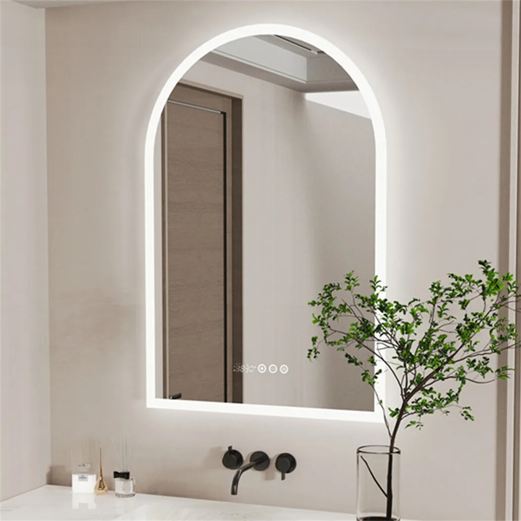 Arched LED Bathroom Mirror 600x900mm Smart Dimmable Wall Lighted Vanity Mirror with Time Temperature Dispaly Anti-fog 3 Colour