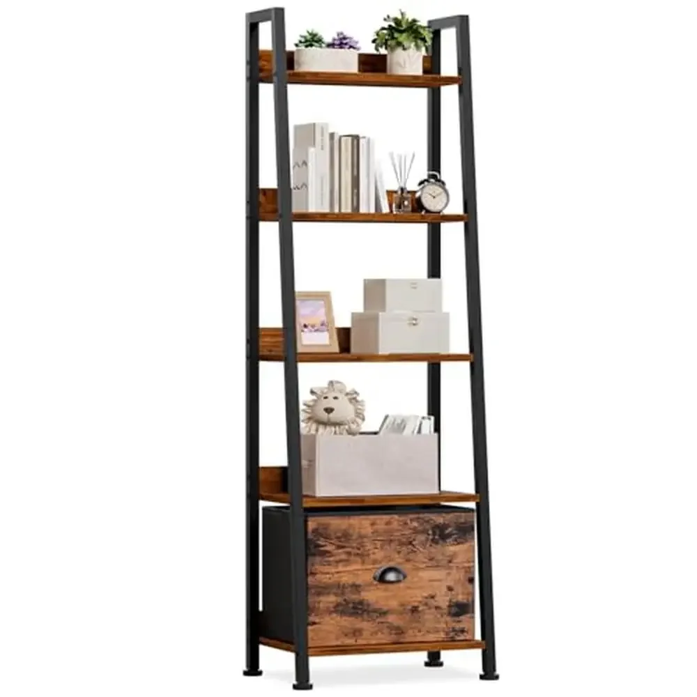 5-Tier Rustic Ladder Shelf Bookcase with Drawer Wood Metal Freestanding Storage Organizer Kit Lightweight Durable Industrial