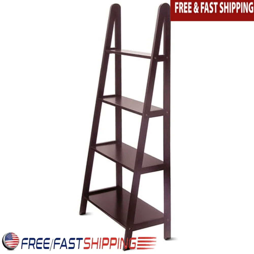 

A-Frame 4-Shelf Bookcase Espresso Finish Solid Wood Open Back Storage Display Stand Home Office Living Room