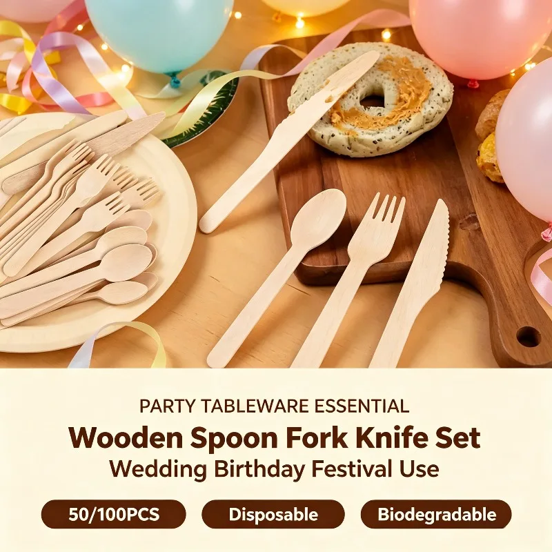 50/100PCS Disposable Wooden Cutlery Set Spoon Fork Knife Combo for Ice Cream Wedding Birthday Festival Party Dessert Tableware