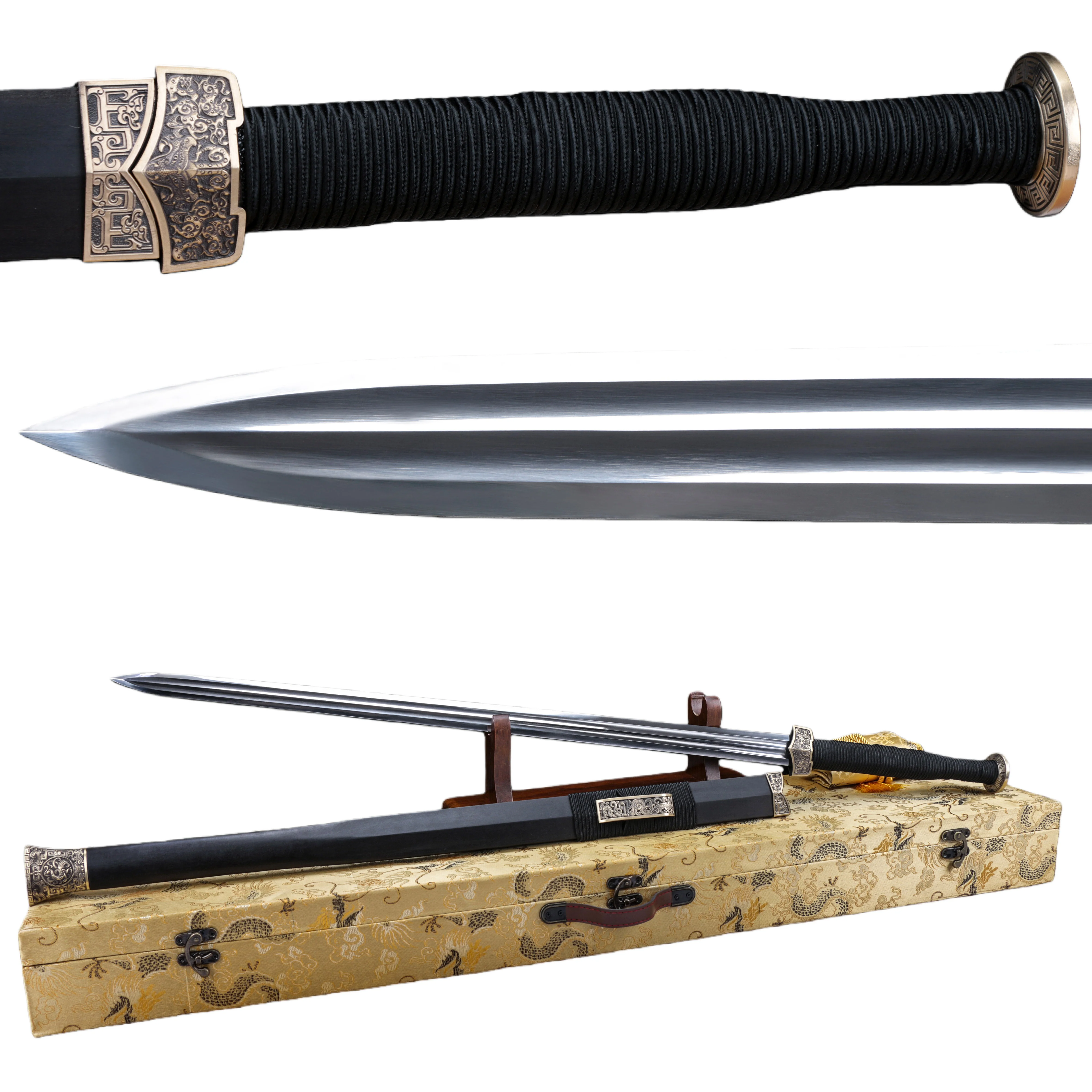 Chinese Black Knight Sword with dual health slots, medieval retro combat preparation sharp blades, katana combat training, full-