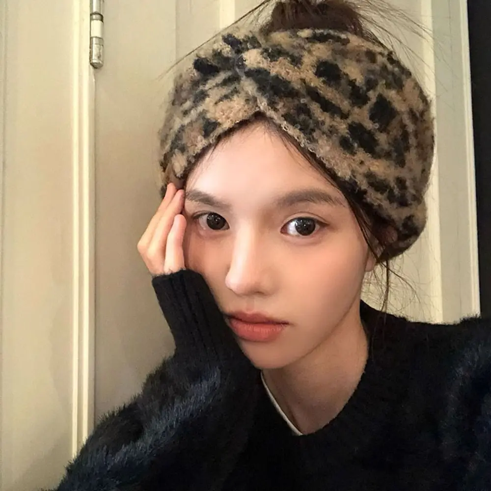 إكسسوارات الشعر عصابات رأس نسائية واسعة بطبعة الفهد، عصابة رأس محبوكة سميكة ودافئة، أغطية رأس عالية المرونة #4