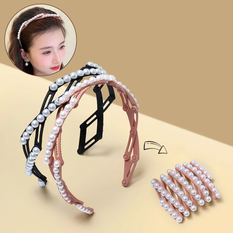 Fashion Portable Folding Retractable Hair Band Women Pearl Style Non-Slip Headband Face Wash Hairband Girls Hair Accessories