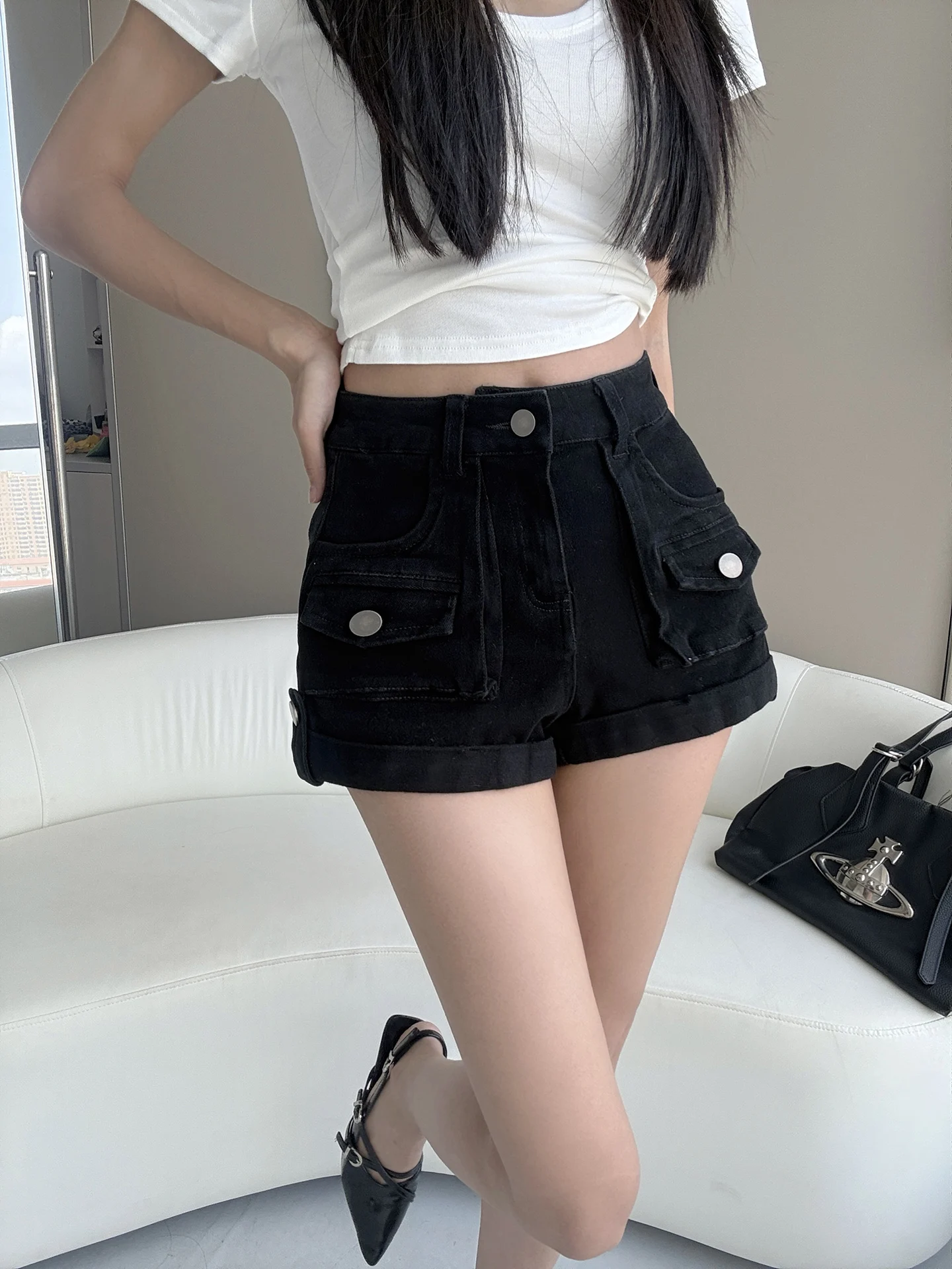 American Style Hot Girl Workwear Denim Shorts Women Summer High Waist Cuffed Slimming A-Line Wide Leg Hot Pants