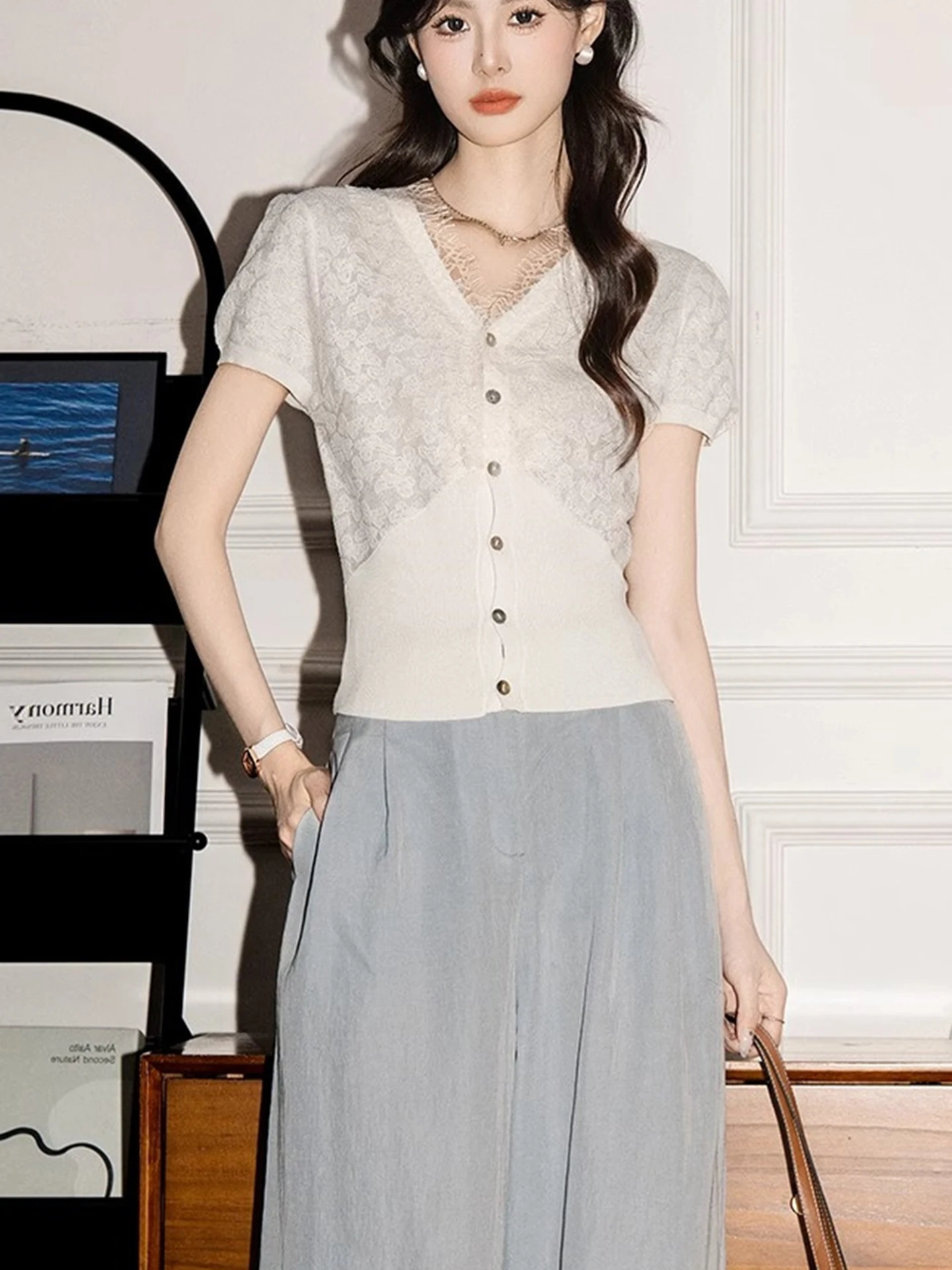 Ele Lace Trim Design Gebreid ort Sve Pure Color Zomer 2025, damesvest, trui, woon-werkverkeer, normale pasvorm, medium...