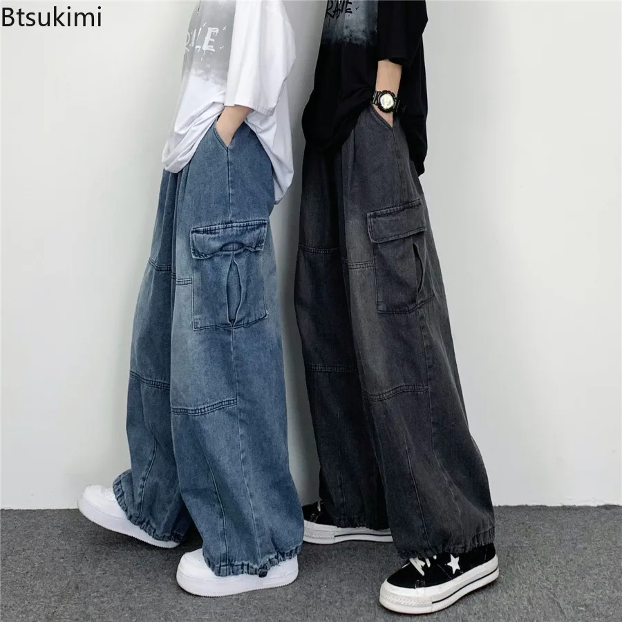 2026 Men's Big Pocket Overalls Spring Autumn Vinatge Wide Leg Pants Y2K Neutral Straight Casual Pants High Street Hip Hop Jeans
