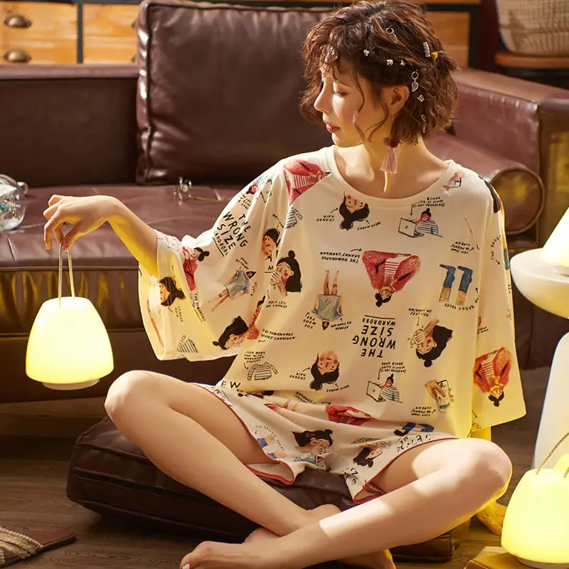 Pyjama Sets Vrouwen 2XL Zomer Zachte Kawaii Print Ronde Hals Mooie Meisjes Pijamas Korte Mouw Eenvoudige Koreaanse Trendy Mujer Homewear