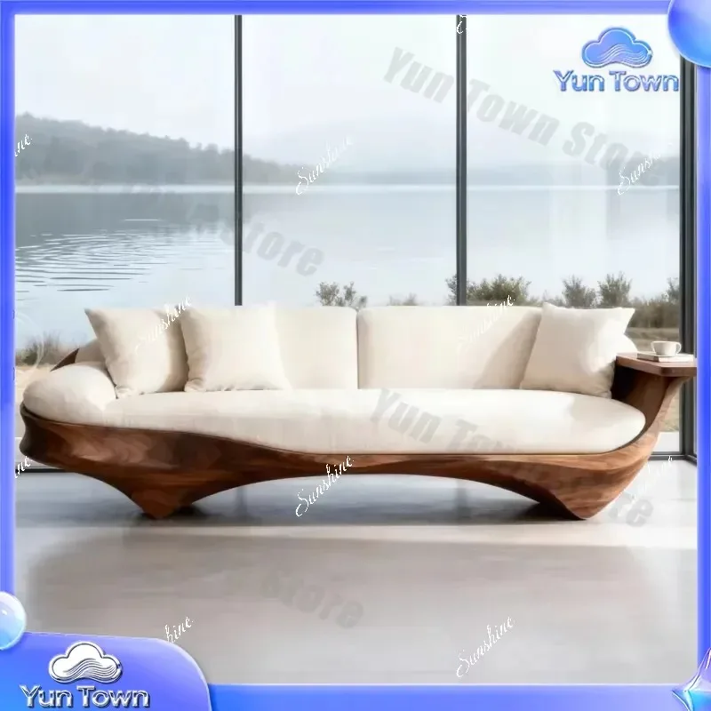 Solid Wood Straight Row Sofa for Living Room Light Luxury High End Arc Design Modern Minimalist Furniture for Small Space