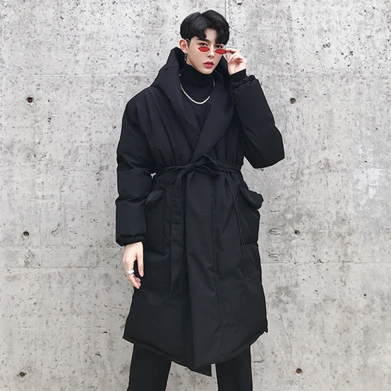 

Clothing Winter Menswear Black Medium And Long Drawstring Lace Up Cotton Coat New Loose Hooded Thickened Padded Jacket