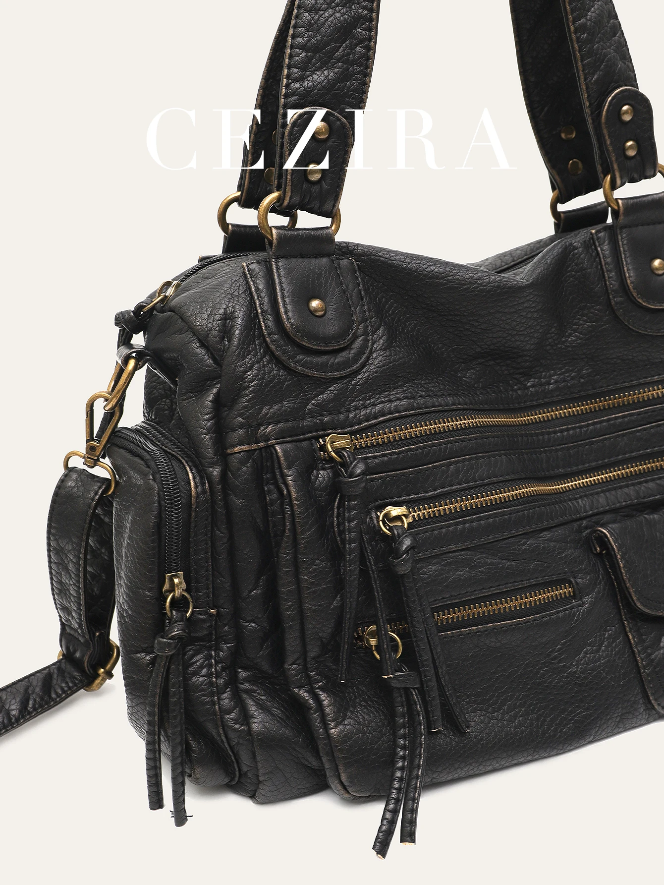 Vintage Women Unisex Brush-off Color Washed PU Vegan Leather Zip Pockets Shoulder Cross body Bag Large Retro Casual Daily Travel view 2