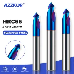 AZZKOR HRC65 2-Flute Tungsten Steel Carbide Blue Nano Coating Centering Drill CNC Mechanical Machining Chamfer Milling Cutter