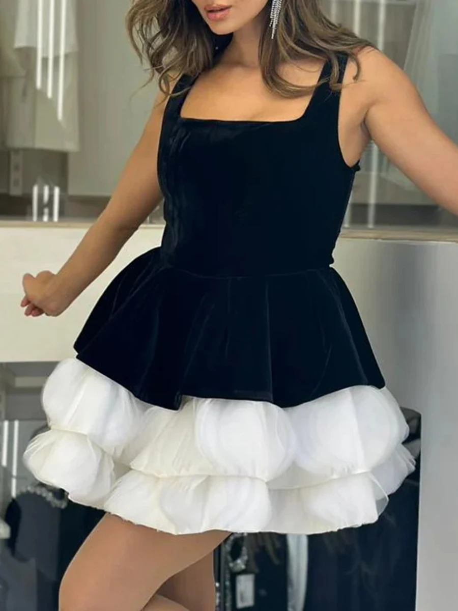 VGH 섹시 파티 히트 컬러 벨벳 미니 드레스 여성용 스퀘어 칼라 민소매 패치워크 레이어드 메쉬 케이크 드레스 여성 스타일