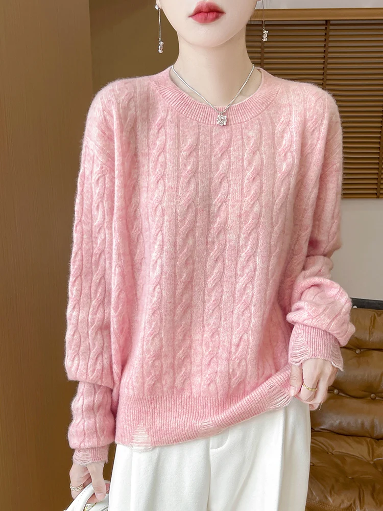 Switer wol rajut wanita, pakaian rajut wol leher O lengan panjang Pullover gaya Preppy longgar 100% Merino