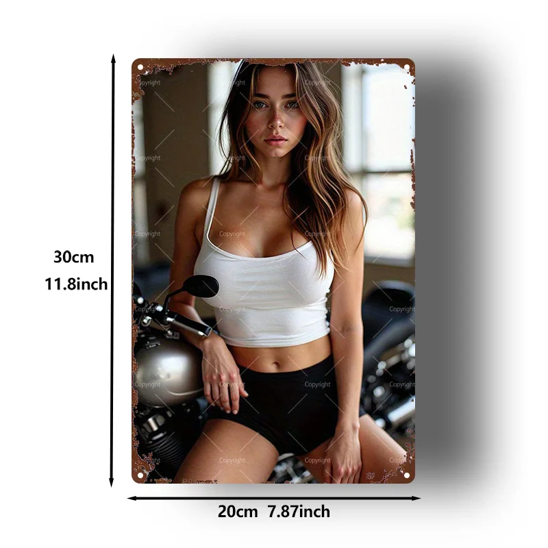 Motorcycle Beauty Metal Art Poster - Retro Biker Woman Wall Decoration for Garden Farmhouse, Iron Painting Sign