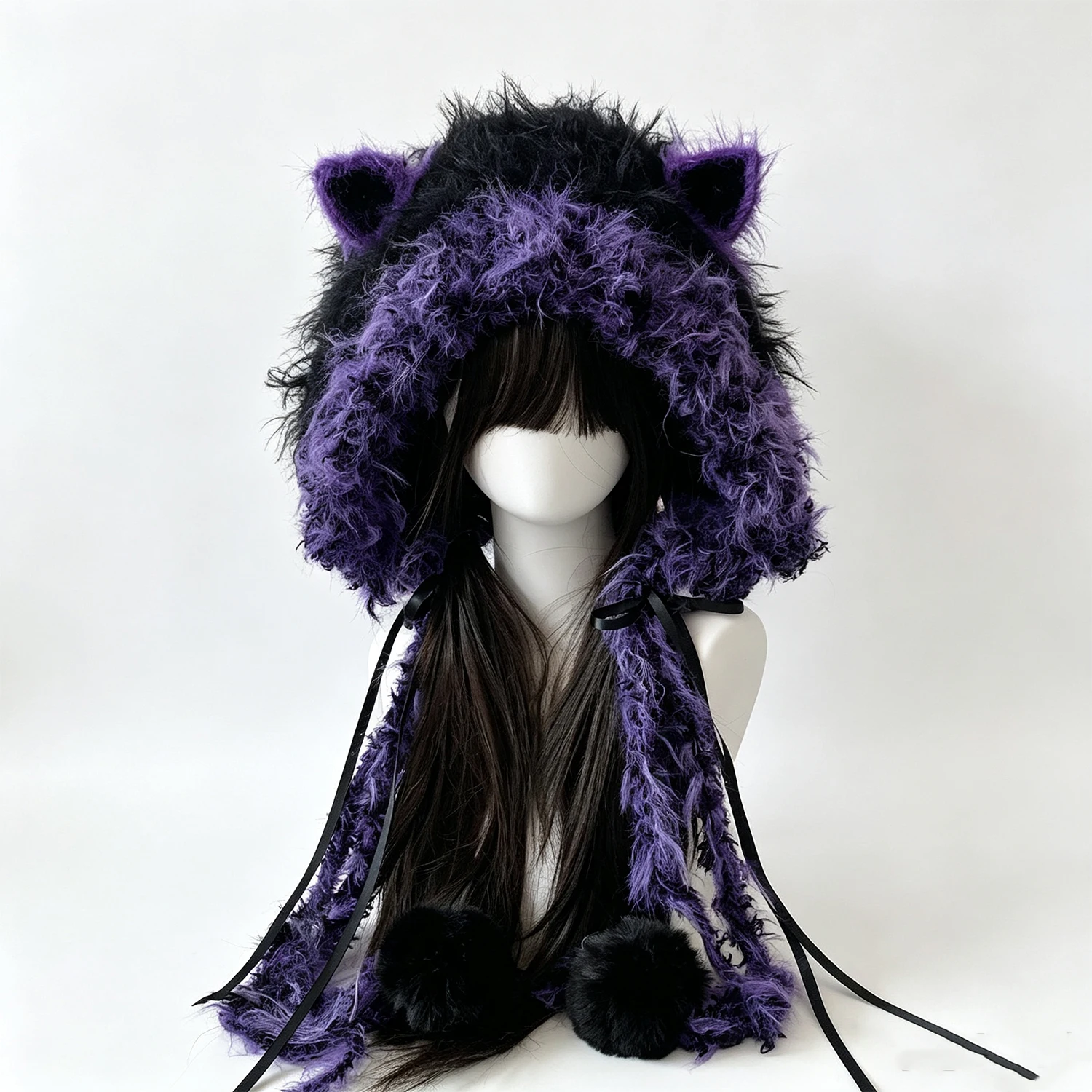 Custom Handmade Crochet Black Purple Cat Ear Hat Man Plush Knitted Beanie Dark Gothic Halloween Cosplay Rave Winter Headwarmer