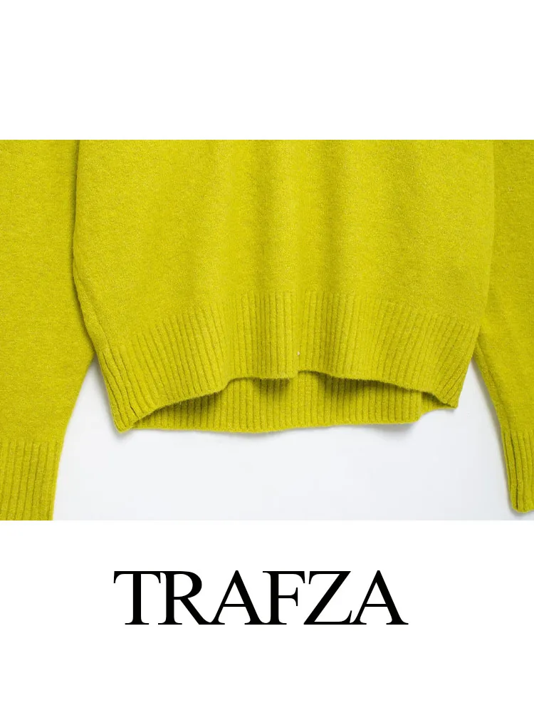 TRAFZA Women Autumn New Chic V-Neck Long Sleeve Knitted Pullover Sweater Female Elegant High Street Casual Solid Sweater Mujer