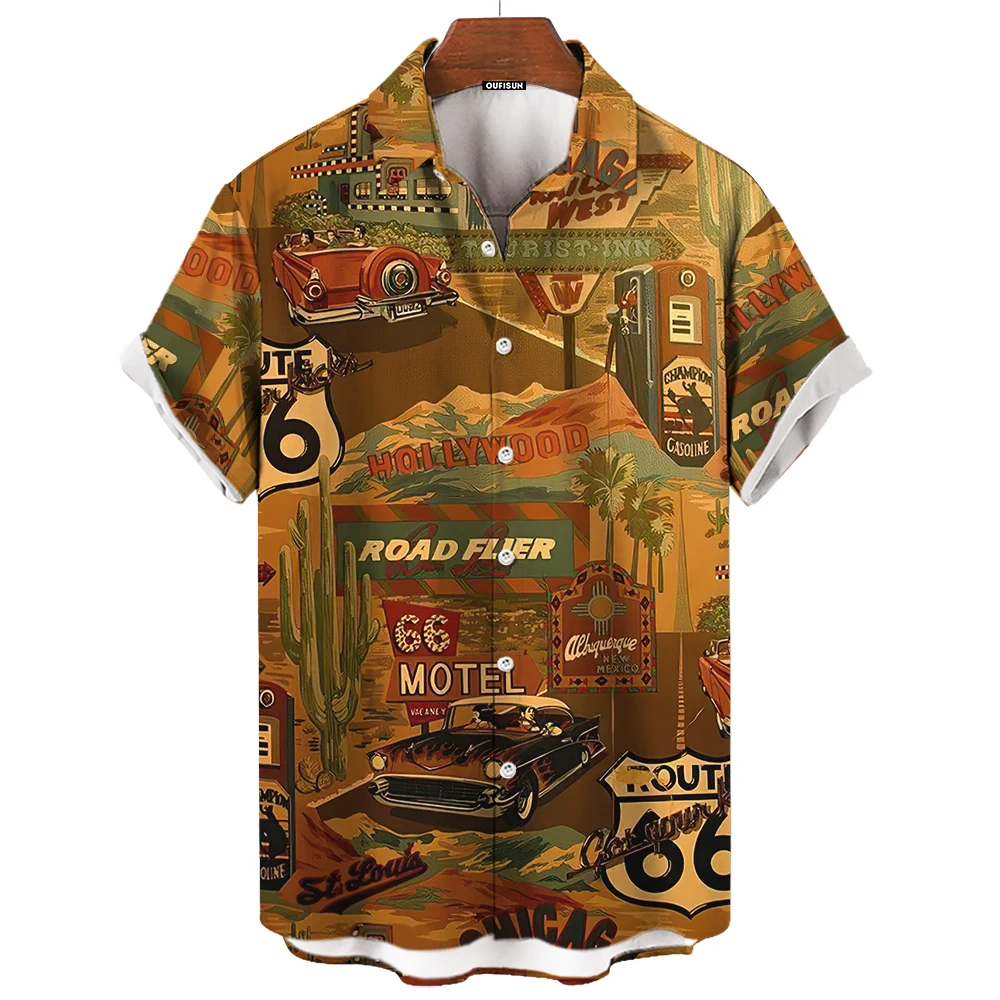 

Motorcycle Tees Route 66 Print Short Sleeve Top Vintage Men'S Shirts Summer Clothing Multiple Pattern Shirt Oversized Streetwear