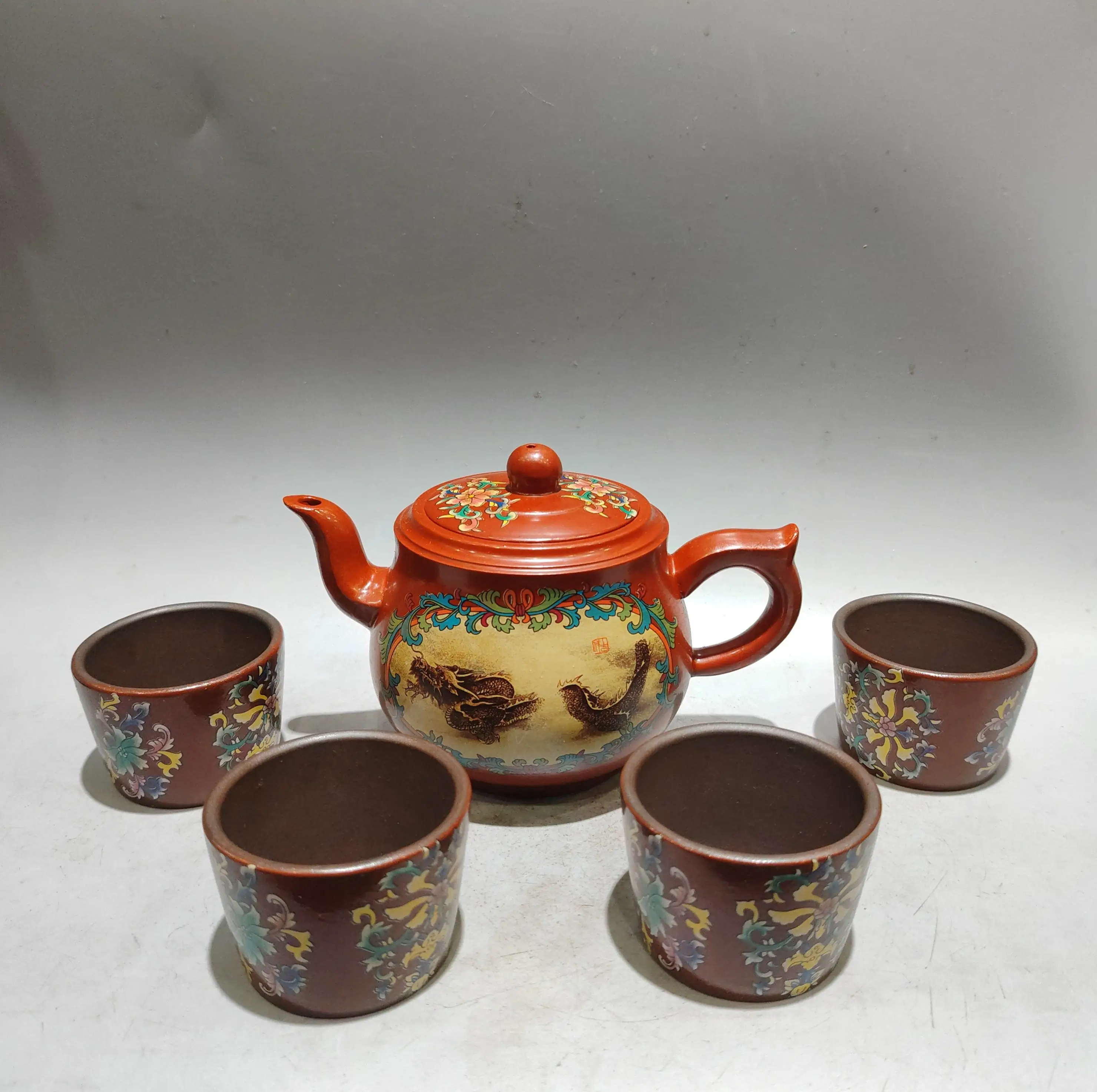Purple teapot Yixing Purple Clay Teapot Painted Flower texture dragon pattern Flying Pot 4 cups a set Kettle Teapot