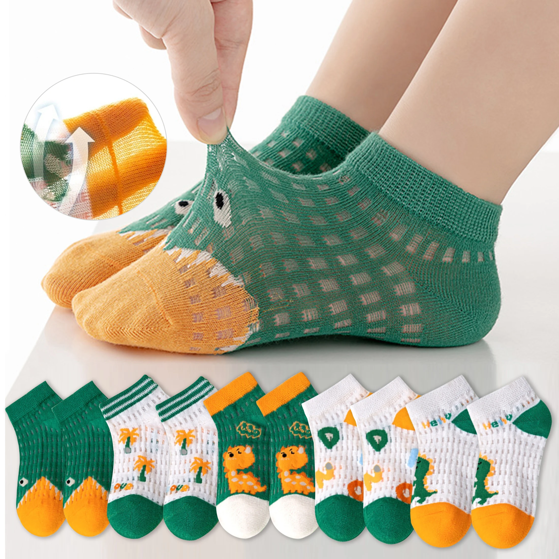 5 Pairs of Children's Socks with Cartoon English Green Dinosaur Pattern, Trendy and Versatile Mesh Breathable Mid-Tube Socks for Boys, Suitable for Daily Life