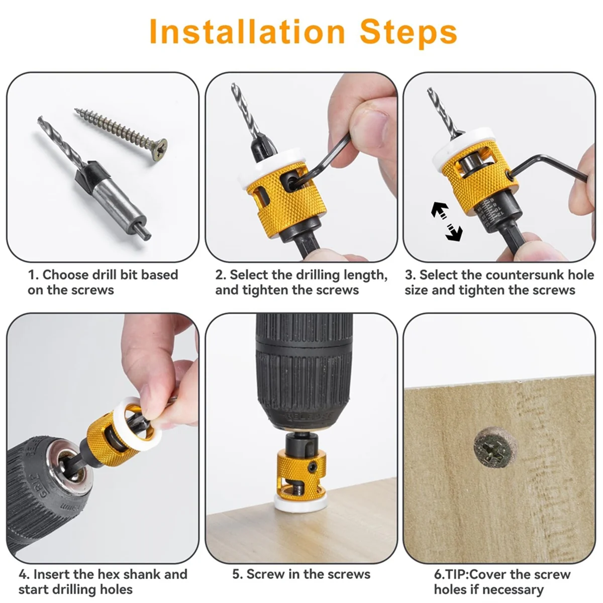 T88C 5 個の皿穴ドリルビットセット、低摩擦深さストップ付き、10 個の交換用 HSS ドリルビット付き、調整可能な深さストップ