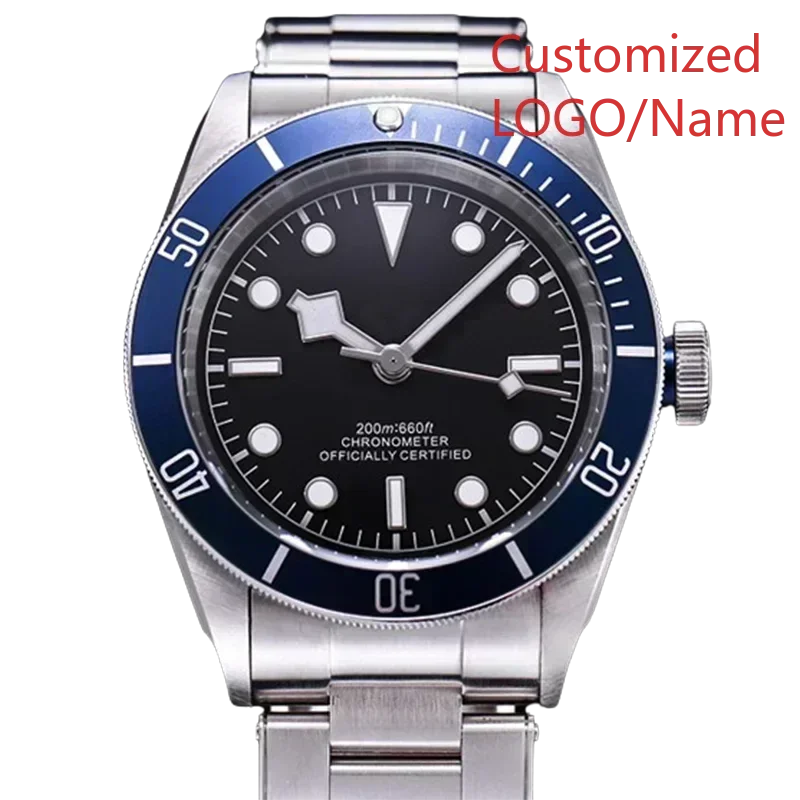 男性自動機械式時計サファイアガラスステンレス鋼ブラックブルーセラミックベゼル 42 ミリメートルカスタマイズ