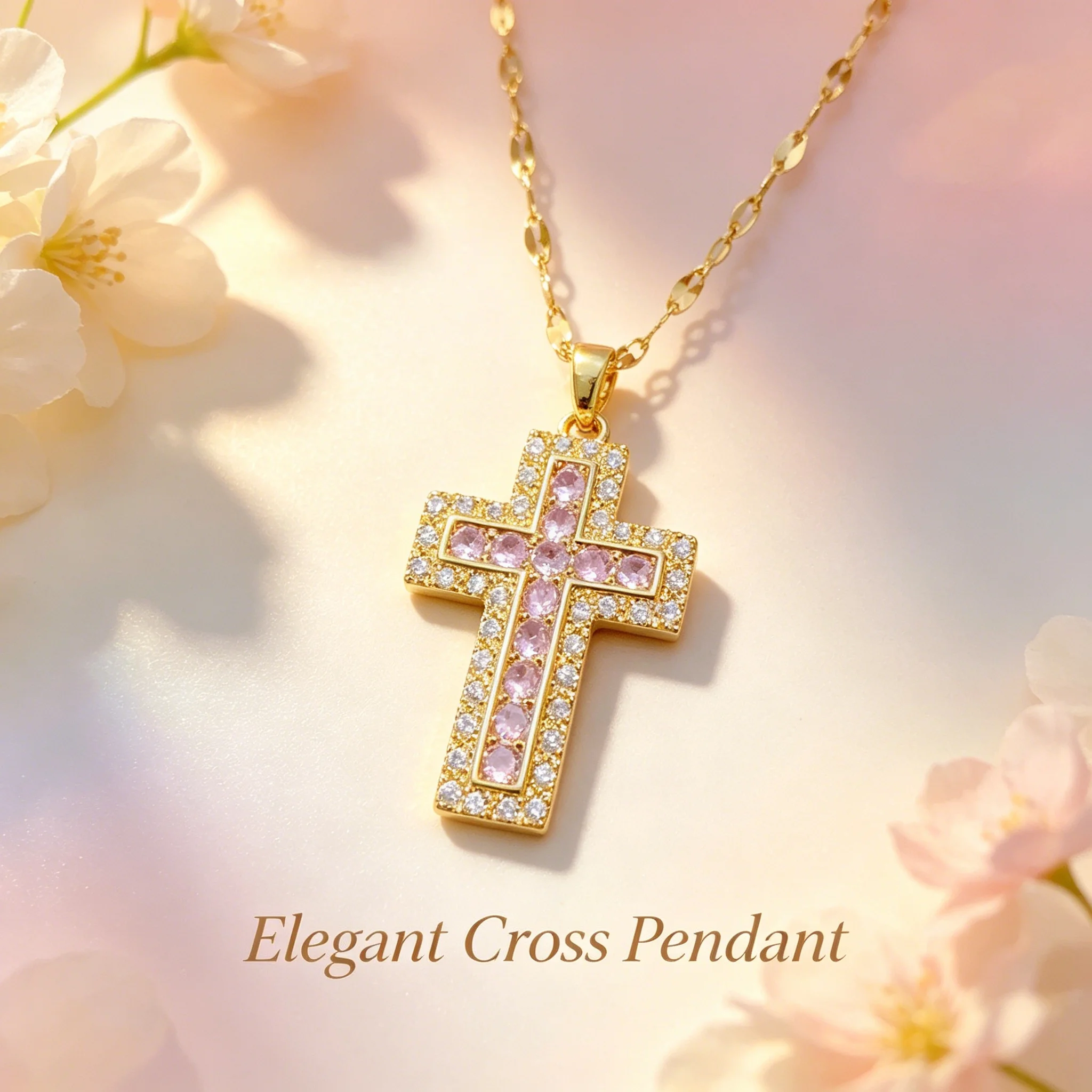 Elegant Full Pavé Cross Pendant Necklace Double Layer Design Delicate Lip Chain Faith Daily Wear Gift