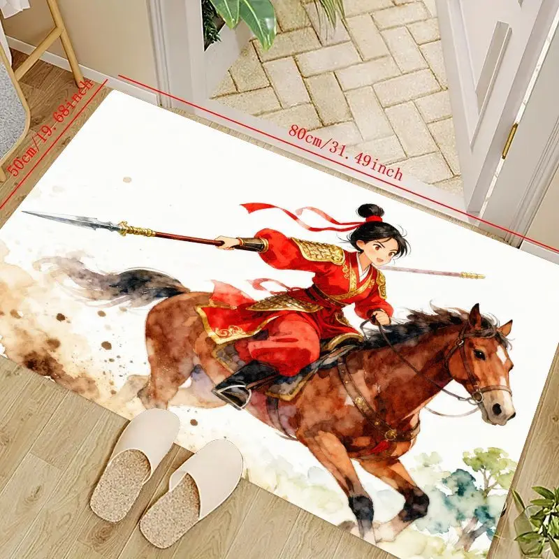 

1PC Vibrant Anime Chinese Warrior Girl on Horseback Floor Mat, Mulan Style Historical Fantasy Art Area Rug, Non-Slip Washable Ca