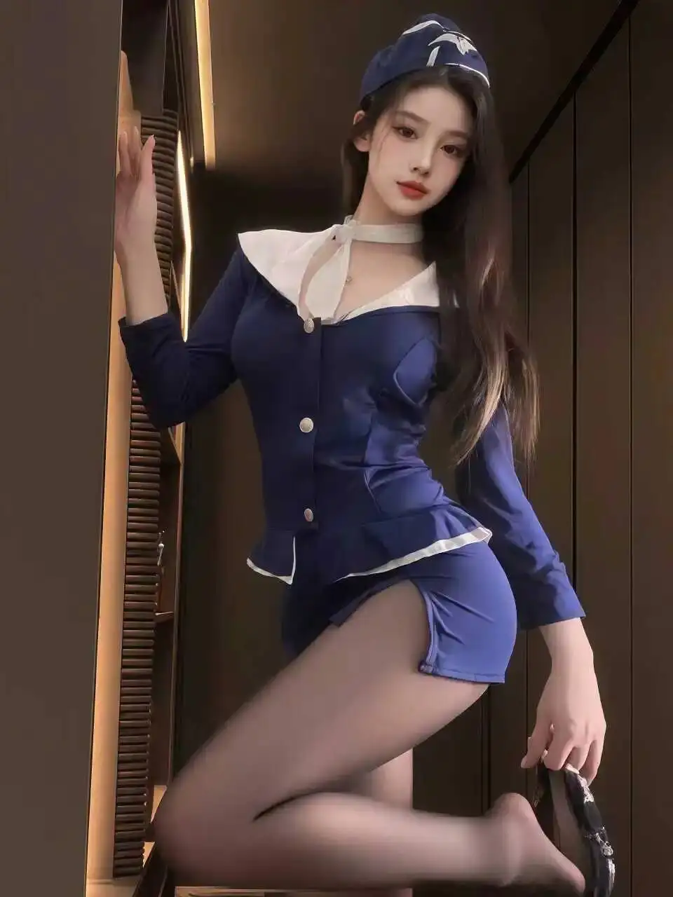 Plus Size Sexy Policewoman Uniform Skirt Sets Pajamas Pure Desire Hot Stewardess Performance Costume Skirt Sets Charming TW0C