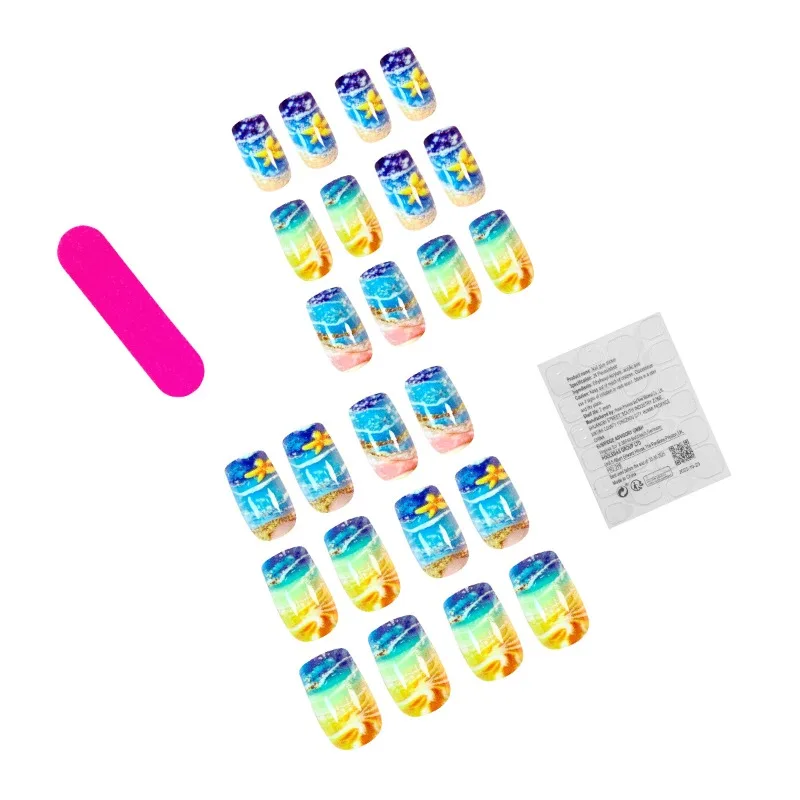 24 Uds. De uñas postizas cuadradas de longitud media para playa de verano, cobertura completa de puntas de uñas, uñas postizas autoadhesivas, removibles, 2025
