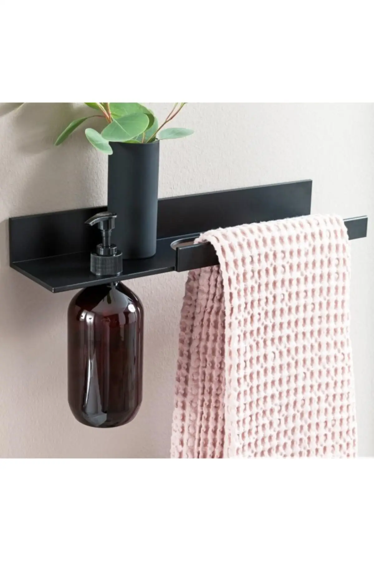 

Black Metal Havluluk and Glass Soap Dispenser Stand, Soap Dispenser On The Left