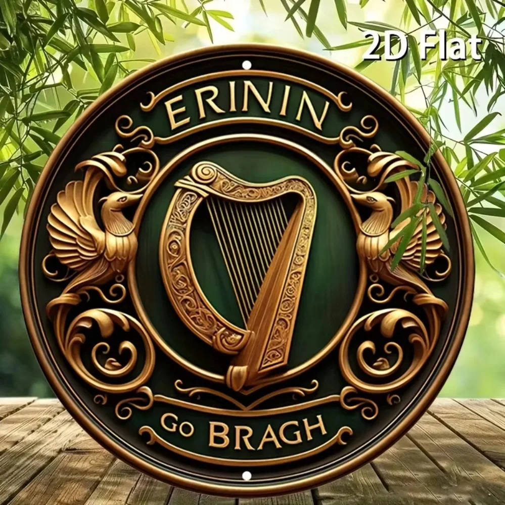 Erinnin Go Bragh! Rustic Irish Harp & Shield Wall Decor - Ideal for Home or Garage, Durable Build, Green Backdrop