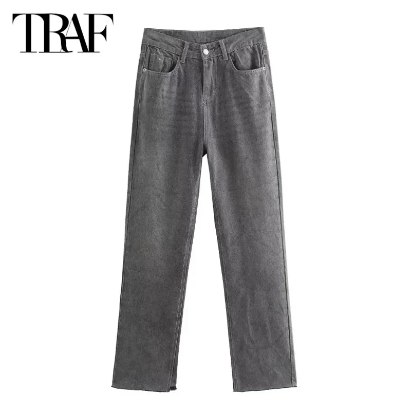 TRAF Office Grey Jeans Pants Women\'s Pants 2024 Spring Summer Autumn Ladies Fashion Casual Denim Straight Trousers For Female