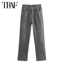 TRAF Office Grey Jeans Pants Women's Pants 2024 Spring Summer Autumn Ladies Fashion Casual Denim Straight Trousers For Female