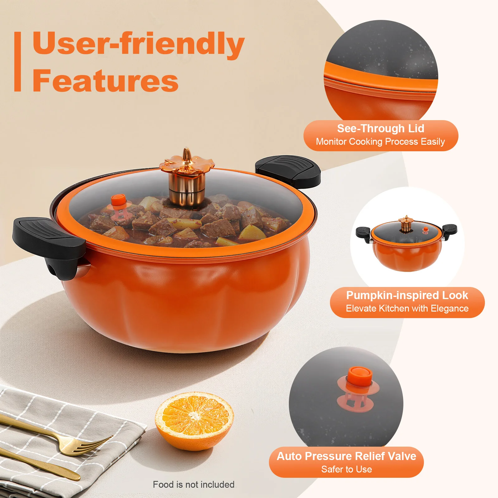 8L Pumpkin-Shaped Micro Pressure Cooker, Non-Stick Pressure Pot with Transparent Lid, Small Gas Pressure Cooker for Home Kitchen (Orange)