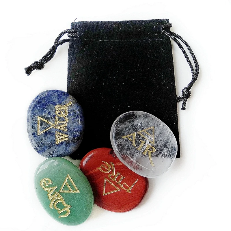 

Natural Mixed Palm Stones Air Water Earth Element Symbols Set Reiki Healing Power Crystals Crafts 4pcs Free Pouch Wholesale