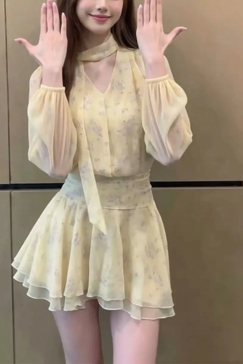 

2026 Fashion Summer New Women's Dress Chiffon Printed Long Sleeve Short A-line Skirt
