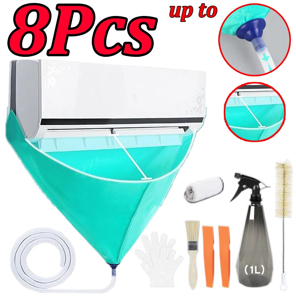 1-8Pcs Air Conditioner Cleaning Cover Waterproof Kit with Drainage Pipe Summer Cleaner Brush Hanging AC Water Washing Bag