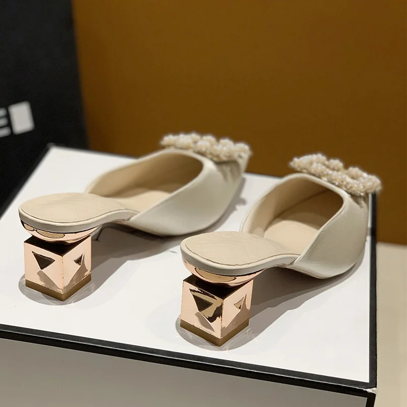 2024 New Beige Heel Sandal Shoes for Women Rhinestone Mid-point Closed Spring Gladiator Girls Casual