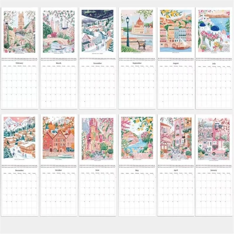 090F 2025 Podróż Kalendarz Ściany Miesięczny Kalendarz Kalendarz 12 miesięcy Referencje od 01/2025 do 12/2025 dla szkoły
