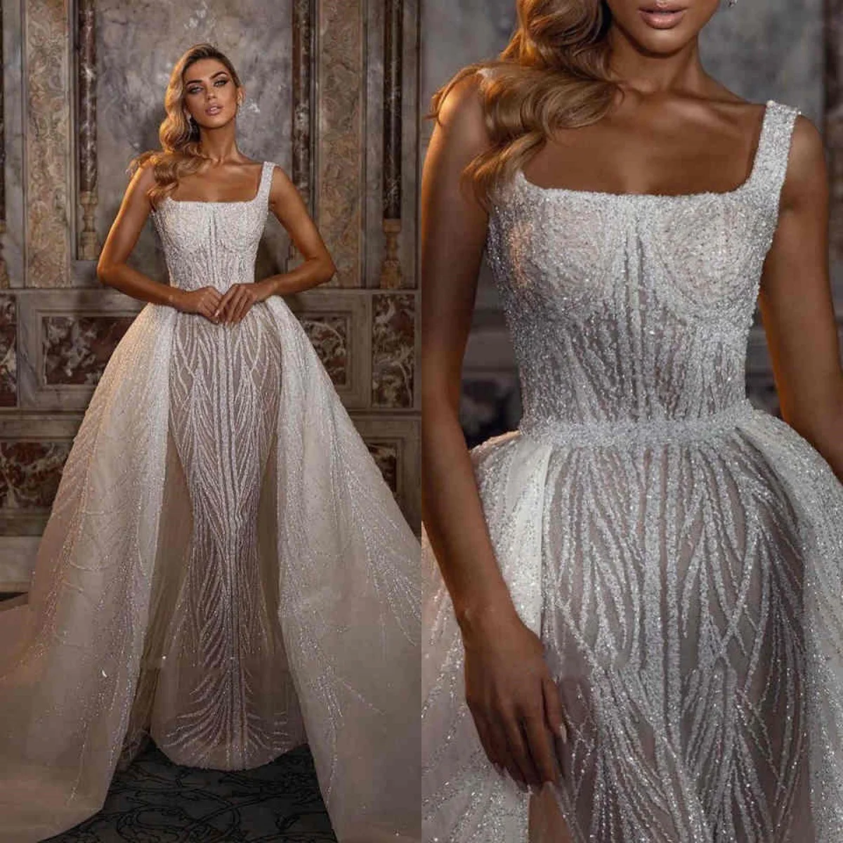 

Luxury Wedding Dress Mermaid Sequins Appliques Backless Sleeveless Floor-Length Bride Wedding Dresses Robe de mariée Customized