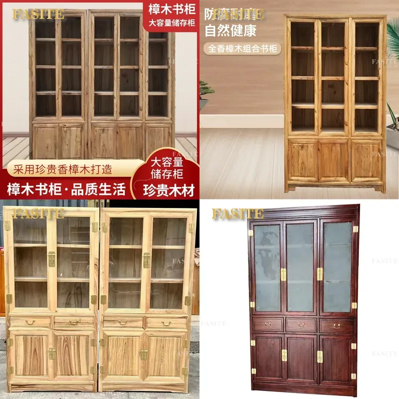 For Solid Wood Glass Bookcase Chinese Style Camphor Wood Study Office File Cabinet Storage Display Shelf with Door Furniture