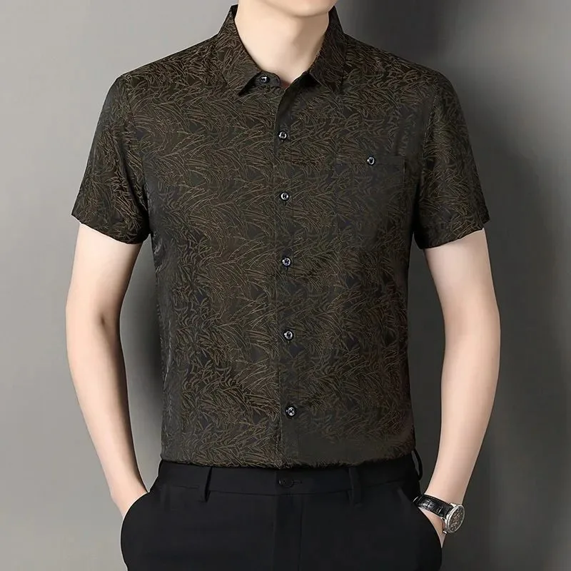 

Men's Short Sleeve Shirt Leaf Pattern Button-Down Collar Casual Formal Breathable Tops