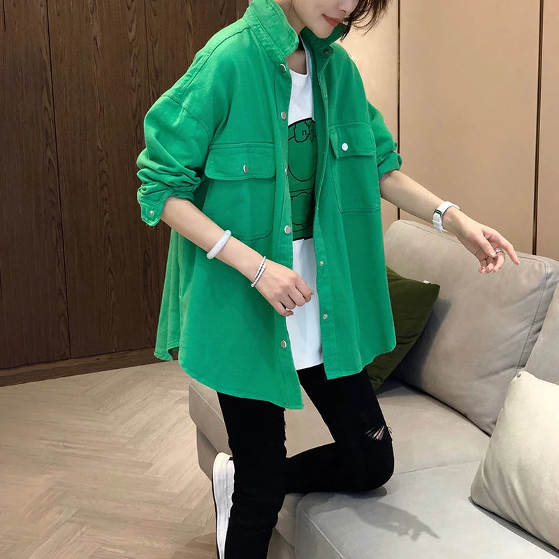 Moda damska Koreańska zielona koszula Wiosna Jesień Nowy Oversize Luźne bluzki z długim rękawem w jednolitym kolorze Wygodna odzież damska