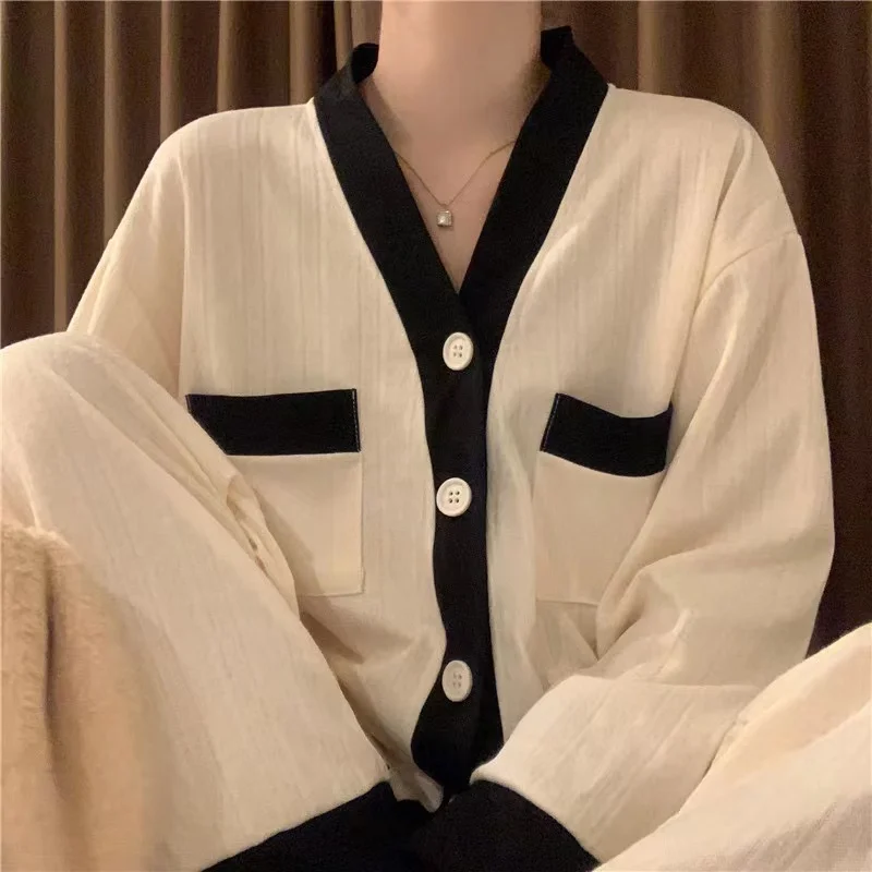 

Korean Casual V-neck Button Design Women's Pajamas Spring New Casual Simple Pajamas Set for Women Long Sleeve Woman Sleepwear