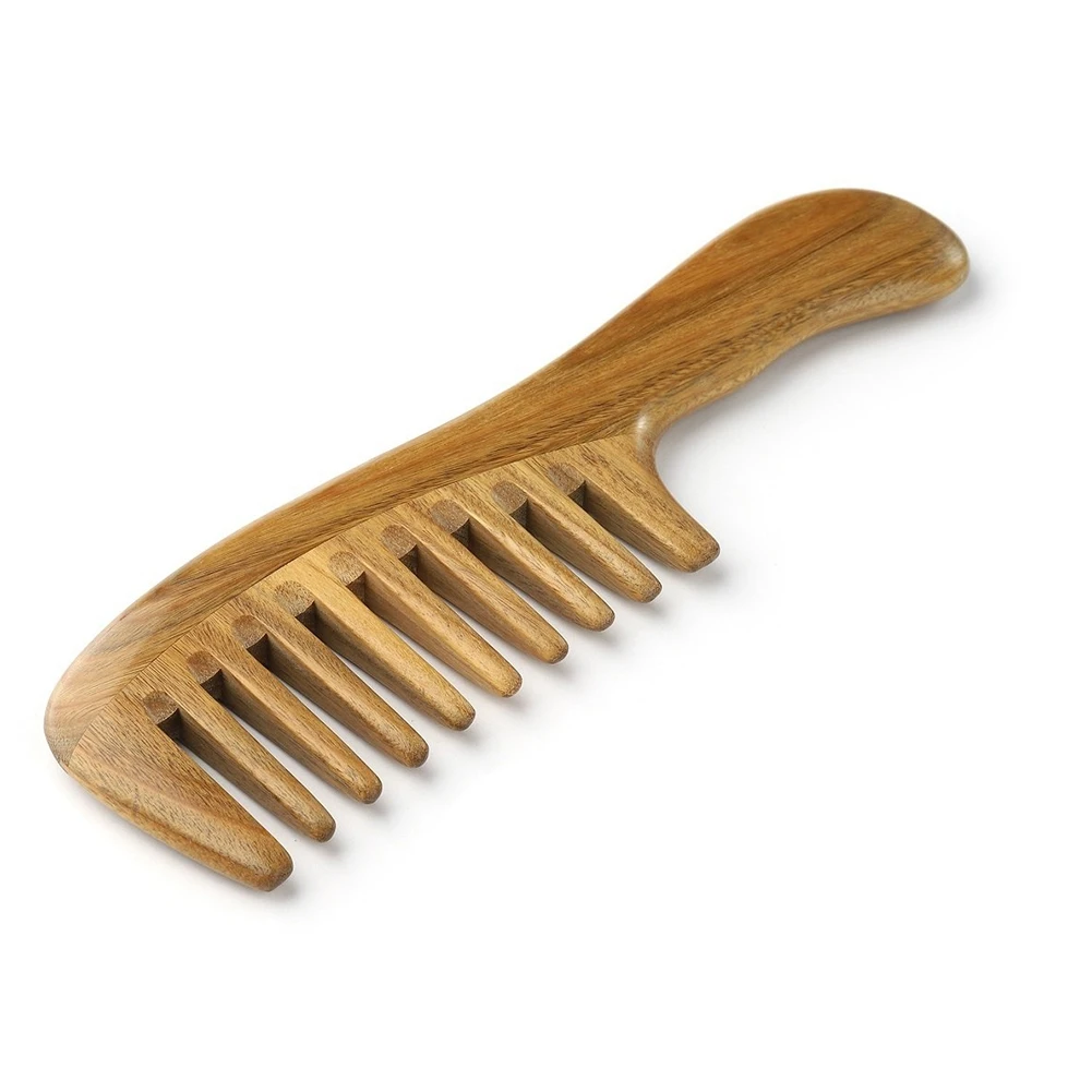 Wide Tooth Natural Sandalwood Hair Comb- No Static Wooden Detangling Comb with Handle for Thick Curly Wavy Hair