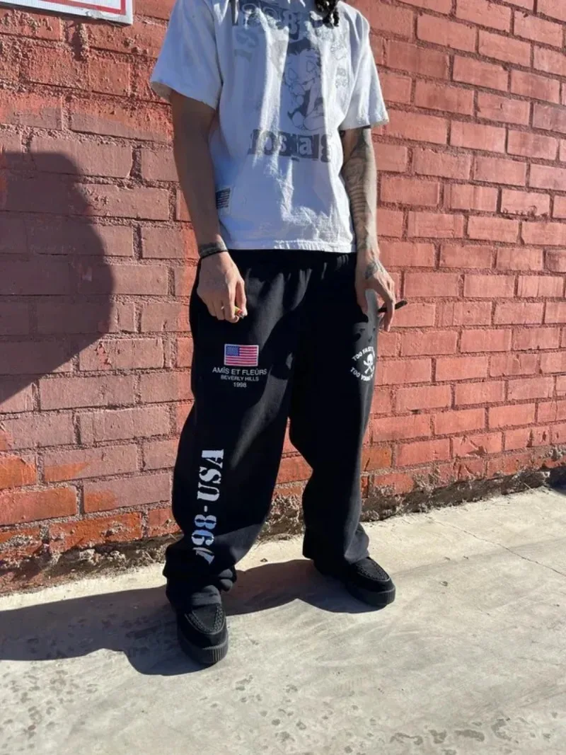 

Мужские брюки оверсайз в стиле Y2K с вышивкой в виде американского ретро-черепа, модные широкие брюки с высокой талией для уличной моды