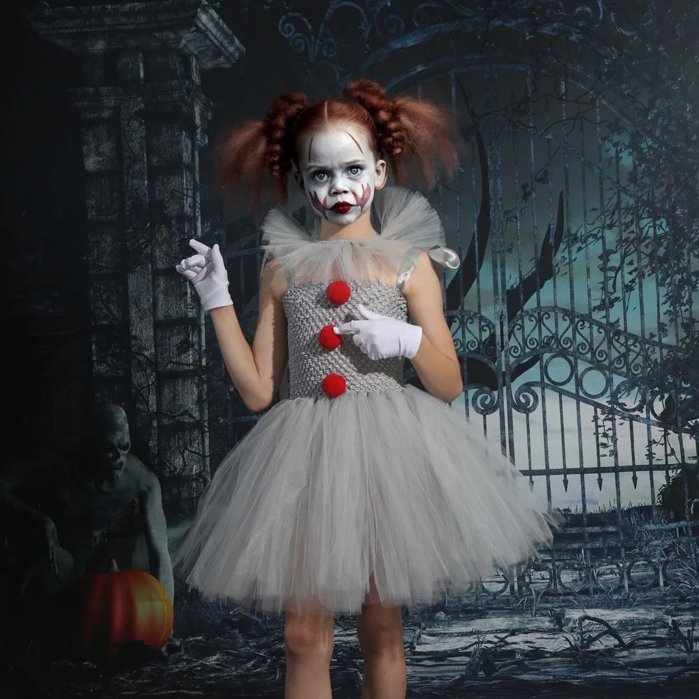 Kids Girls Pennywise Horror Clown Cosplay Tutu Dress Halloween Party Fancy Costume Set With Wig Gloves Red Balloon Hair Clips