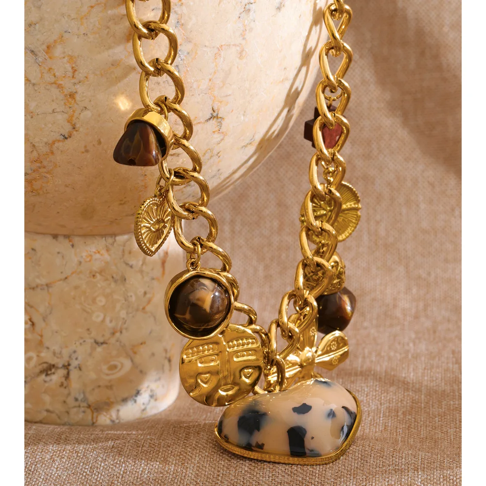 Yhpup Stainless Steel Resin Wood Heart Flower Drop Necklace 2026 New Arrivals Handmade Statement Charm Jewelry Waterproof