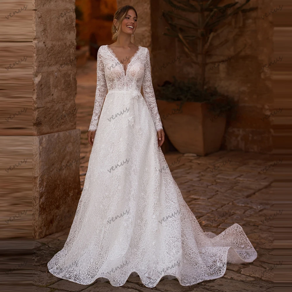 

Elegant Wedding Dresses A Line Bridal Gowns Full Sleeves Robes Deep V Neck Backless Vestidos De Novia Customized Charming 2025