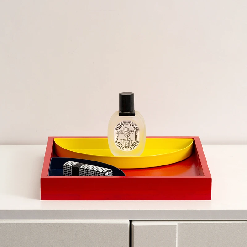 【Epeiushome】 Metal Color-matching Solid Wood Tray Desktop Storage Box Fruit Tray Nordic Simple Storage Tray snack tray